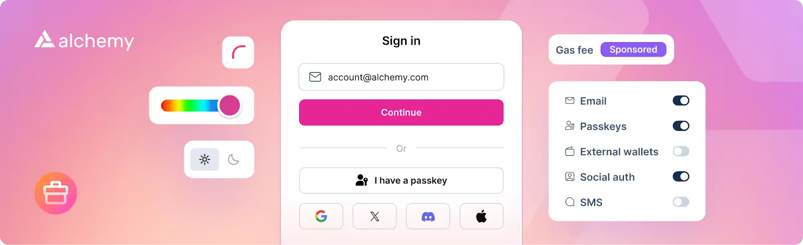 Alchemy smart wallet sign-in interface showing email login, passkey option, social auth, and sponsored gas fee setting.
