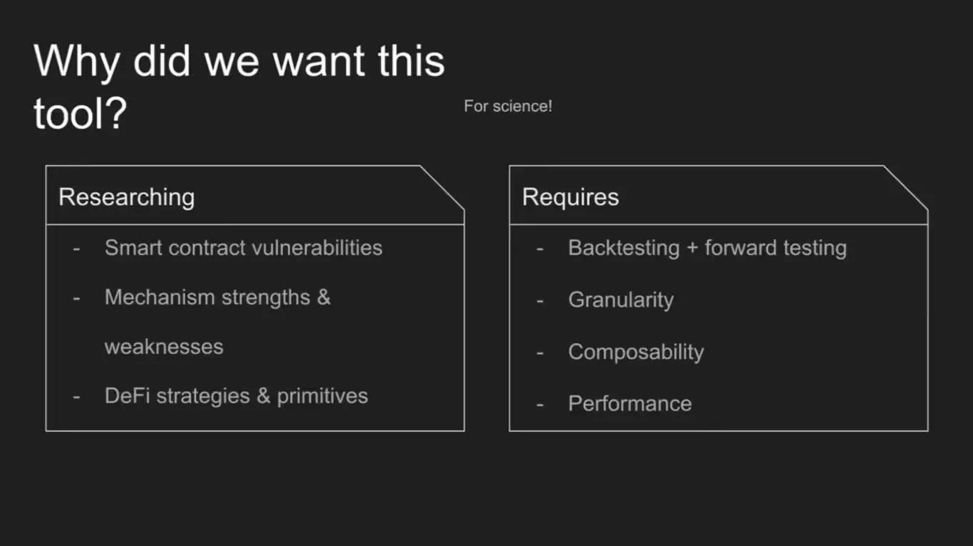Slide explaining motivations for building Arbiter, focused on researching DeFi strategies, smart contract risks, and needing testable, composable tools.