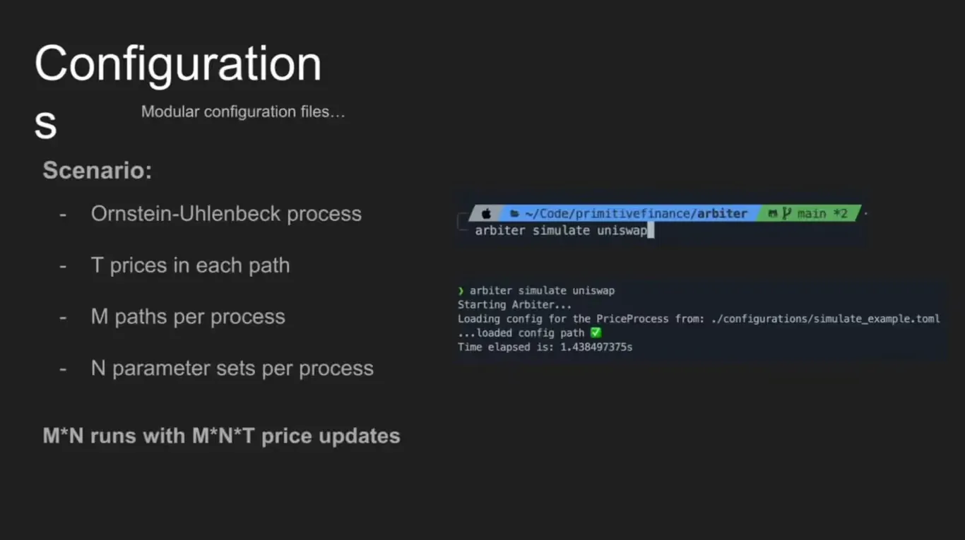 Configuration slide showing Arbiter simulation setup with an Ornstein-Uhlenbeck price process, modular parameters, and command line execution output.