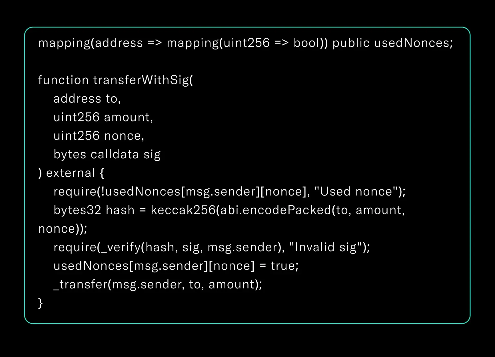 Solidity nonce-based signature validation example