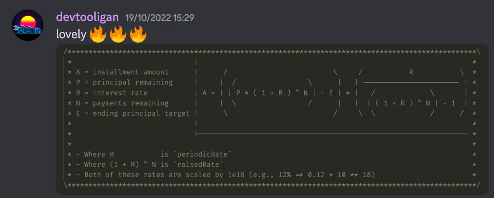 DeFi security documentation: Mathematical formula for Maple Finance’s loan calculation implementation.