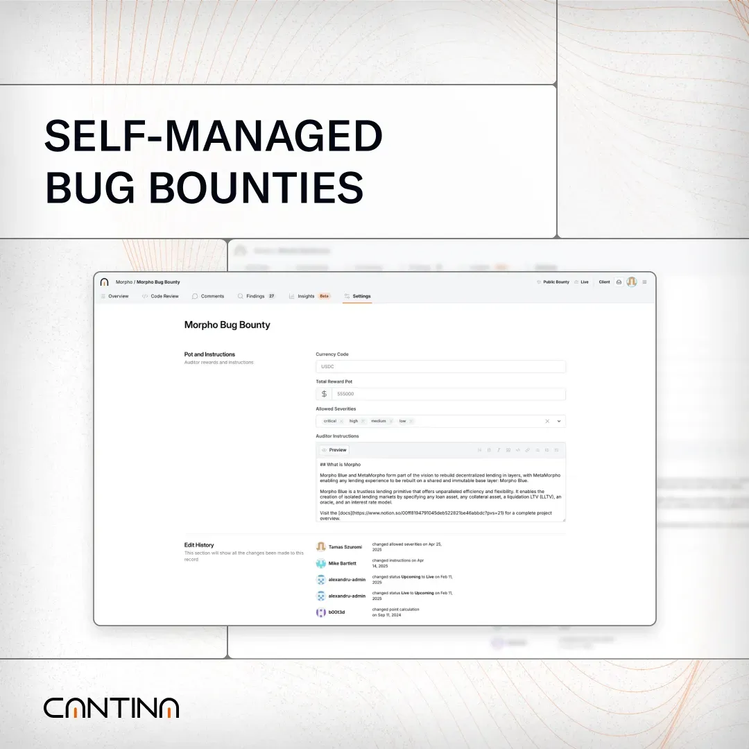 Cantina dashboard showing setup interface for self-managed bug bounty programs, including instructions, token details, and scope fields.