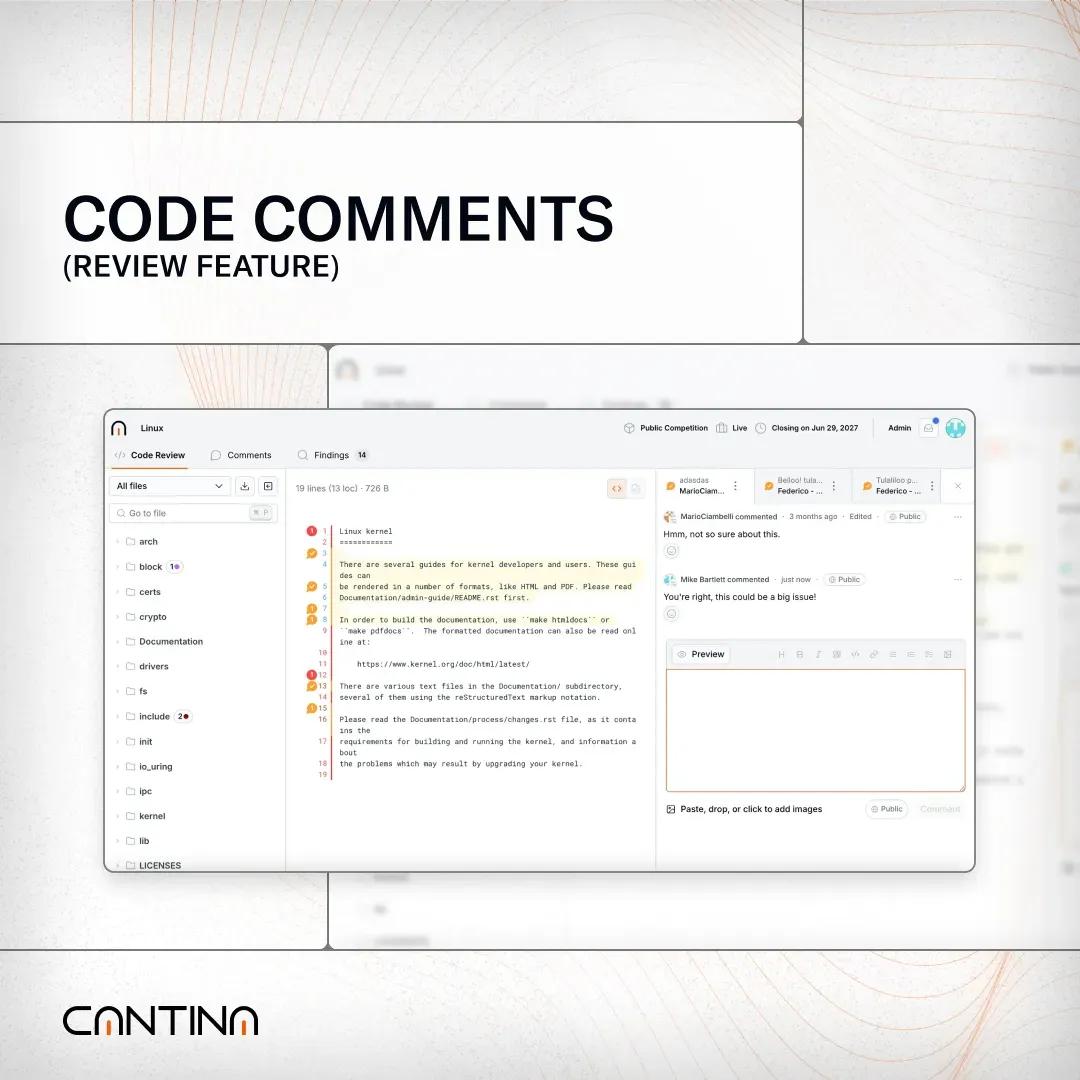 Cantina’s code review feature showing inline code comments, threaded feedback, and preview panel for new replies.