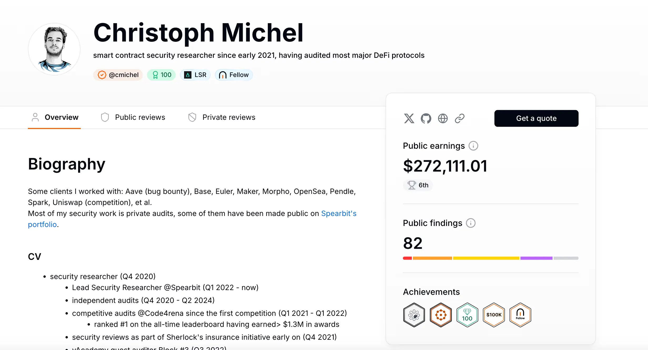 Christoph Michel’s Cantina profile showing earnings, findings, badges, and audit history across top DeFi protocols.