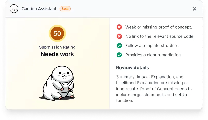 Cantina AI Assistant evaluating a submission, providing a score, improvement suggestions, and review details for better findings.