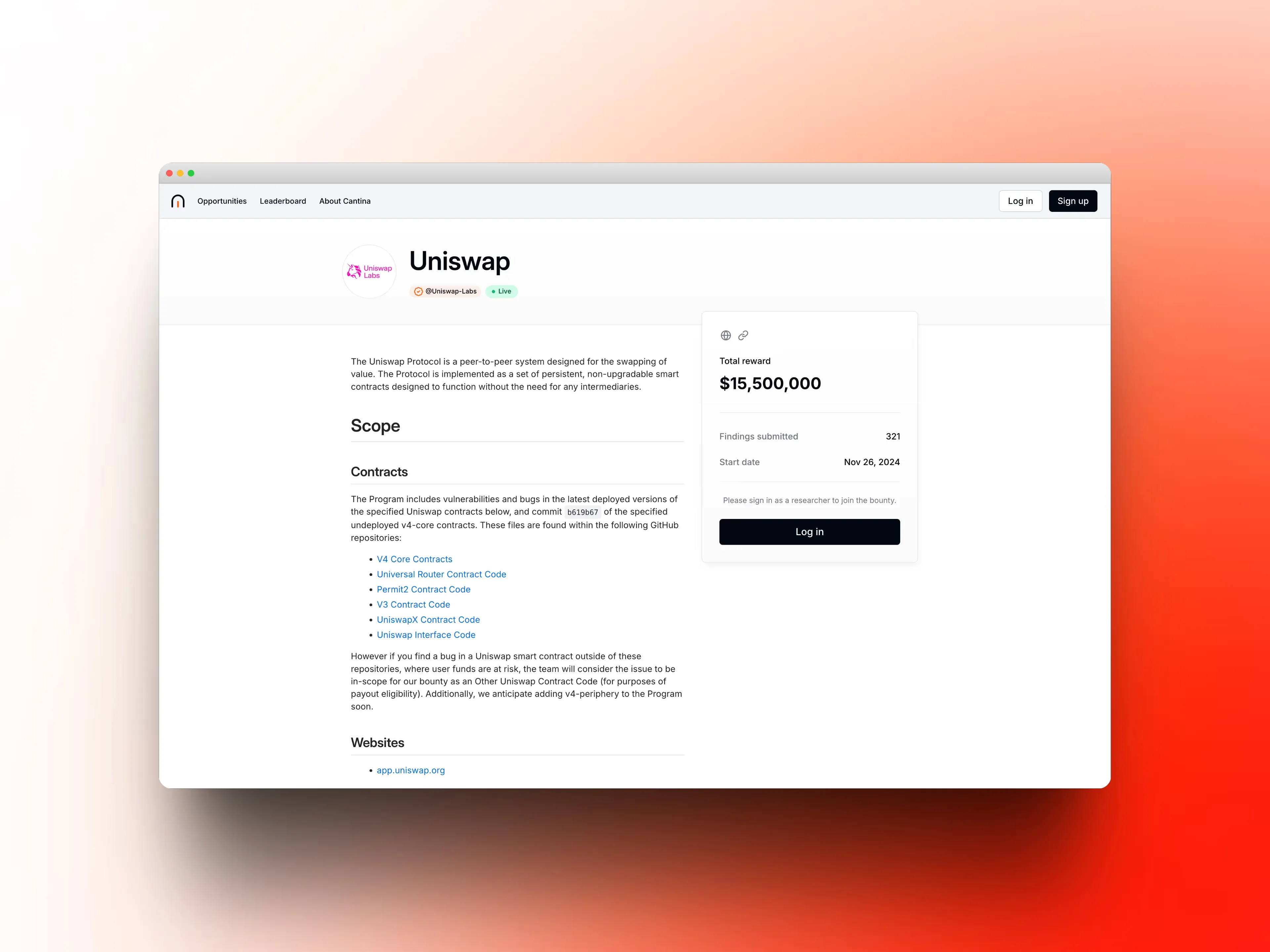 Screenshot of Uniswap’s public bug bounty page on Cantina, showing scope, contracts, and $15.5M total reward with bounty start details.