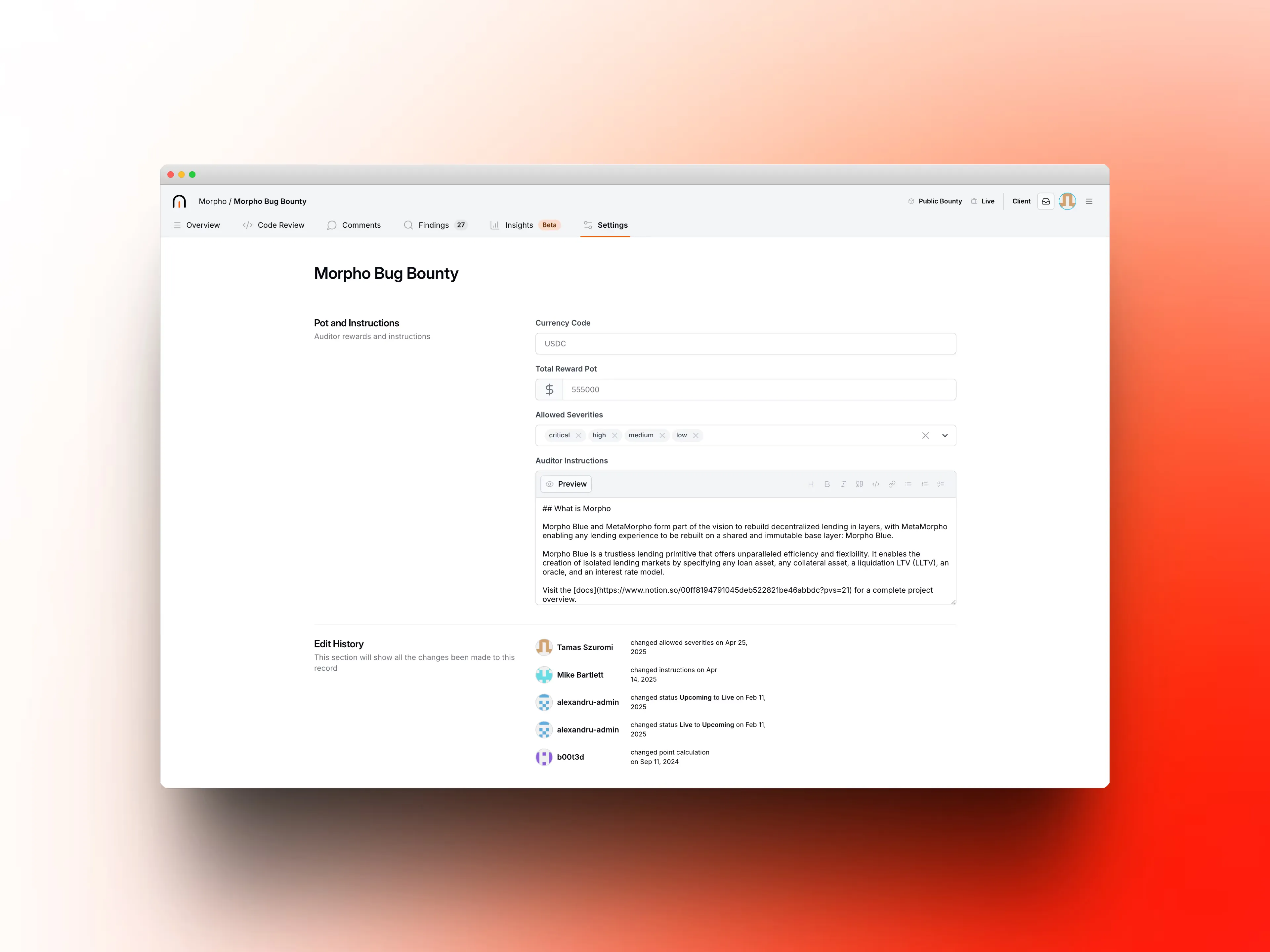 Image of Cantina’s redesigned bug bounty settings page showing reward pot, severity levels, auditor instructions, and edit history.