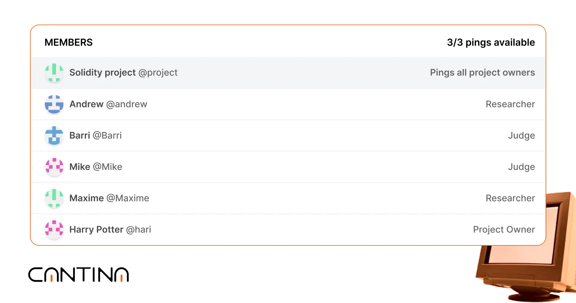 Cantina members list with roles and ping options, showing researchers, judges, and project owners in a security review workspace