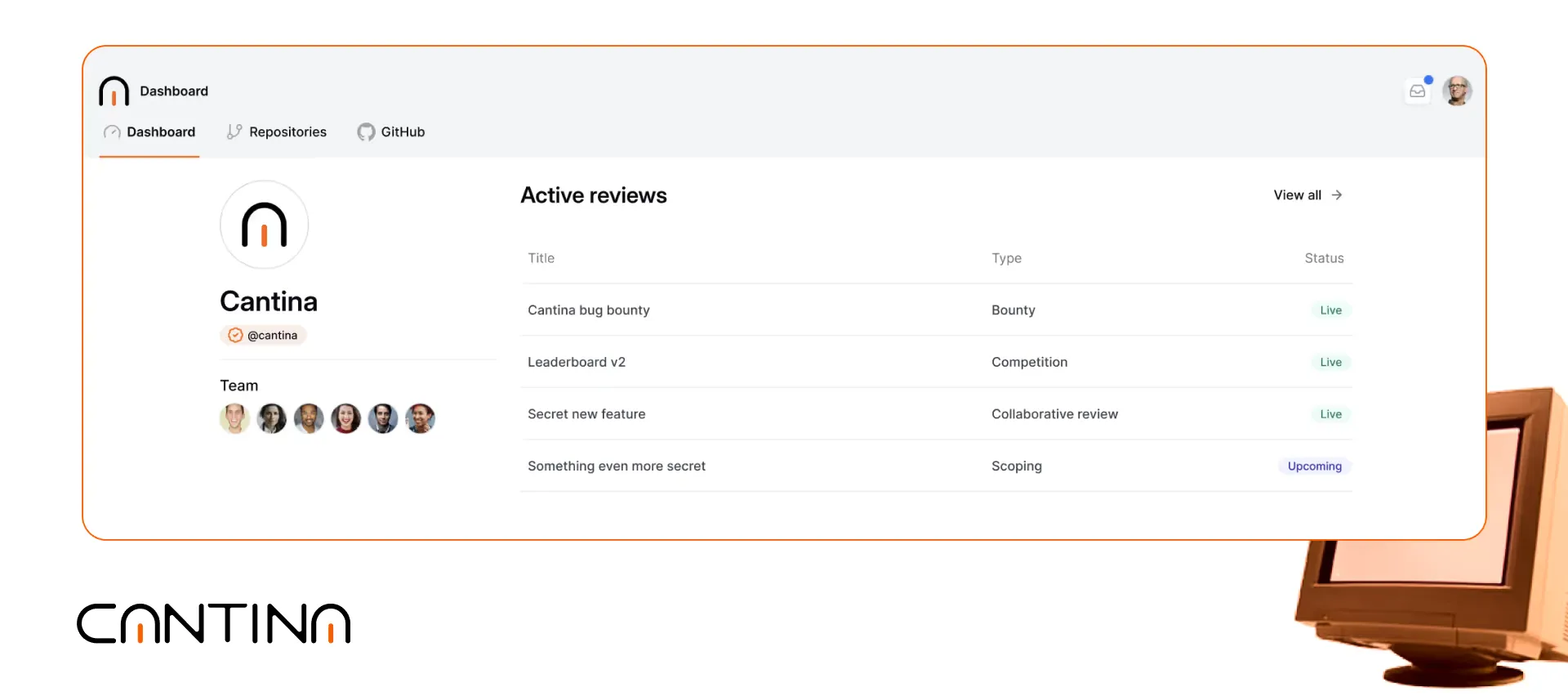 Cantina dashboard showing active security reviews across bounty, competition, and collaborative audit types