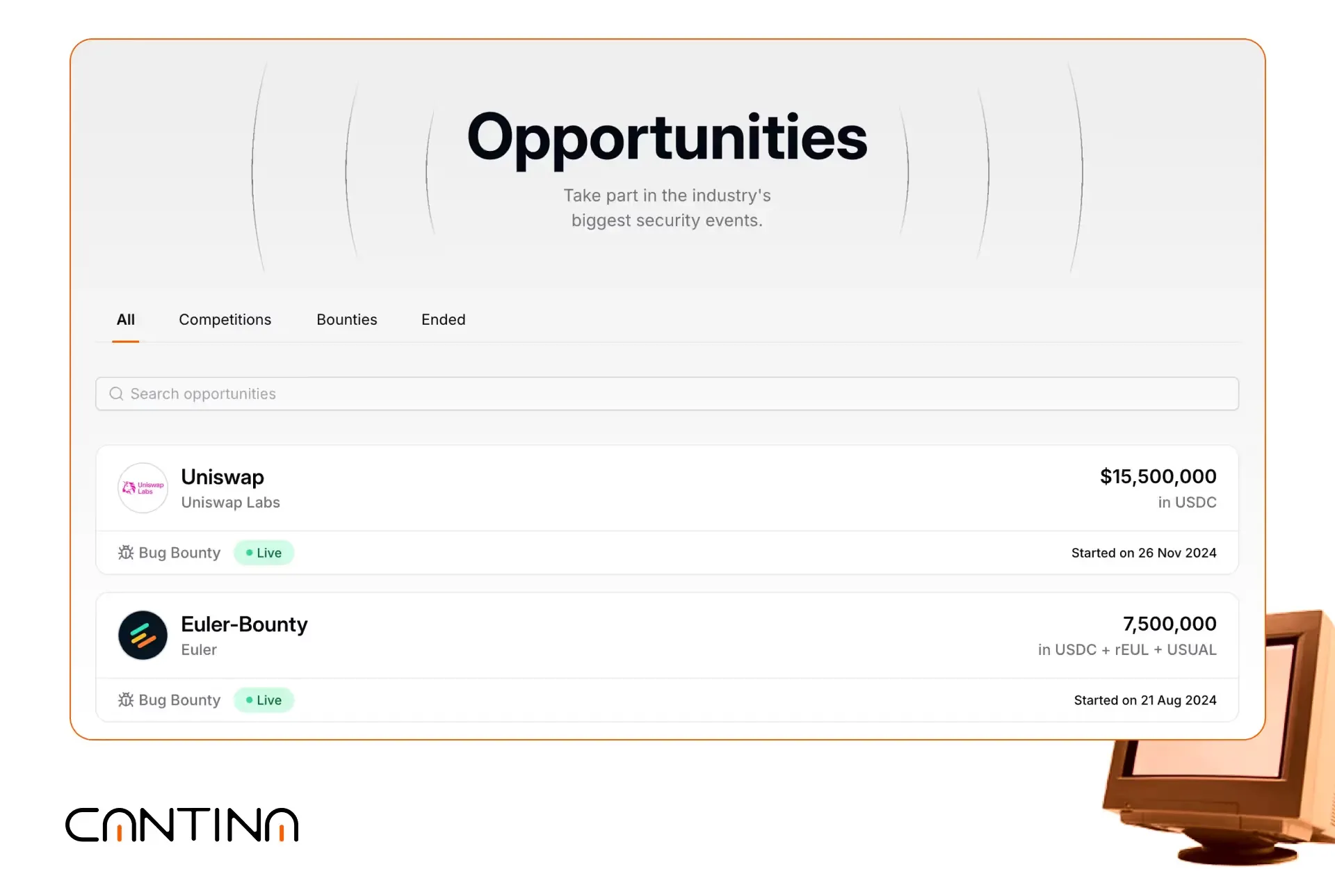 The new Opportunities page lists all active Cantina bounties and competitions in a searchable, filterable format