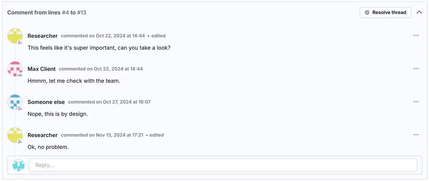 Security comment thread showing collaboration between researcher and client team.