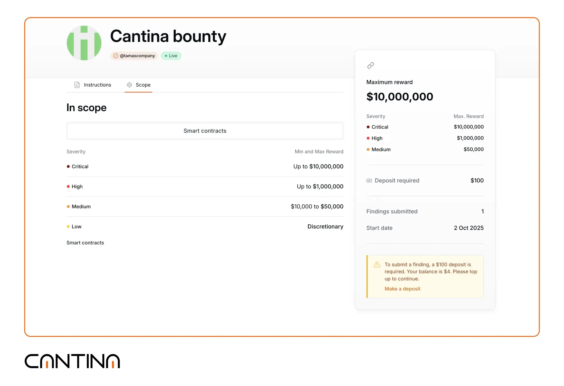 Cantina bug Bounties | Optional Deposit