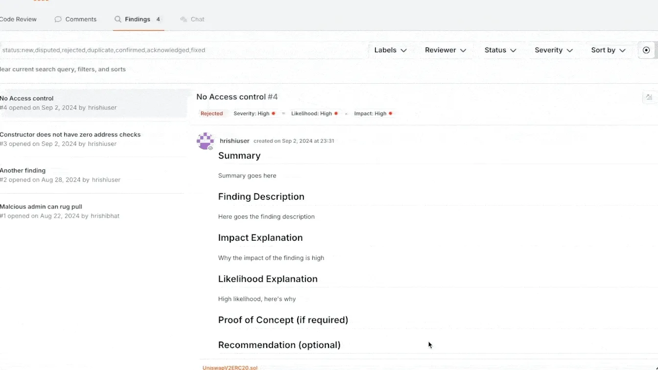 Cantina’s code review interface showing high-severity security finding template and submission workflow.