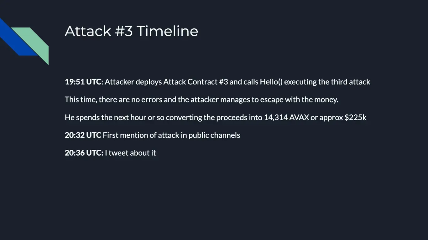 Timeline of third Platypus attack showing attacker successfully escapes with $225k after two failed attempts using Hello() function.