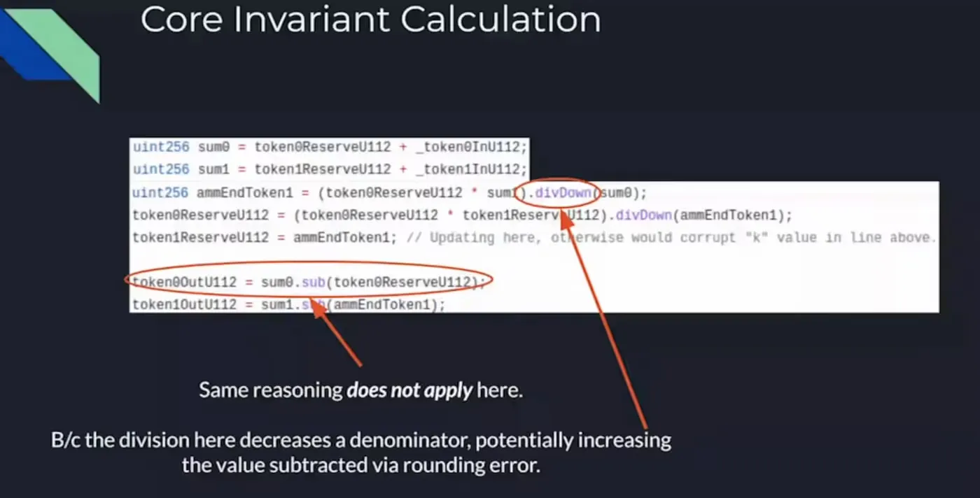 TWAMM invariant calculation showing how divDown may affect subtraction by increasing rounding error in reserve math.