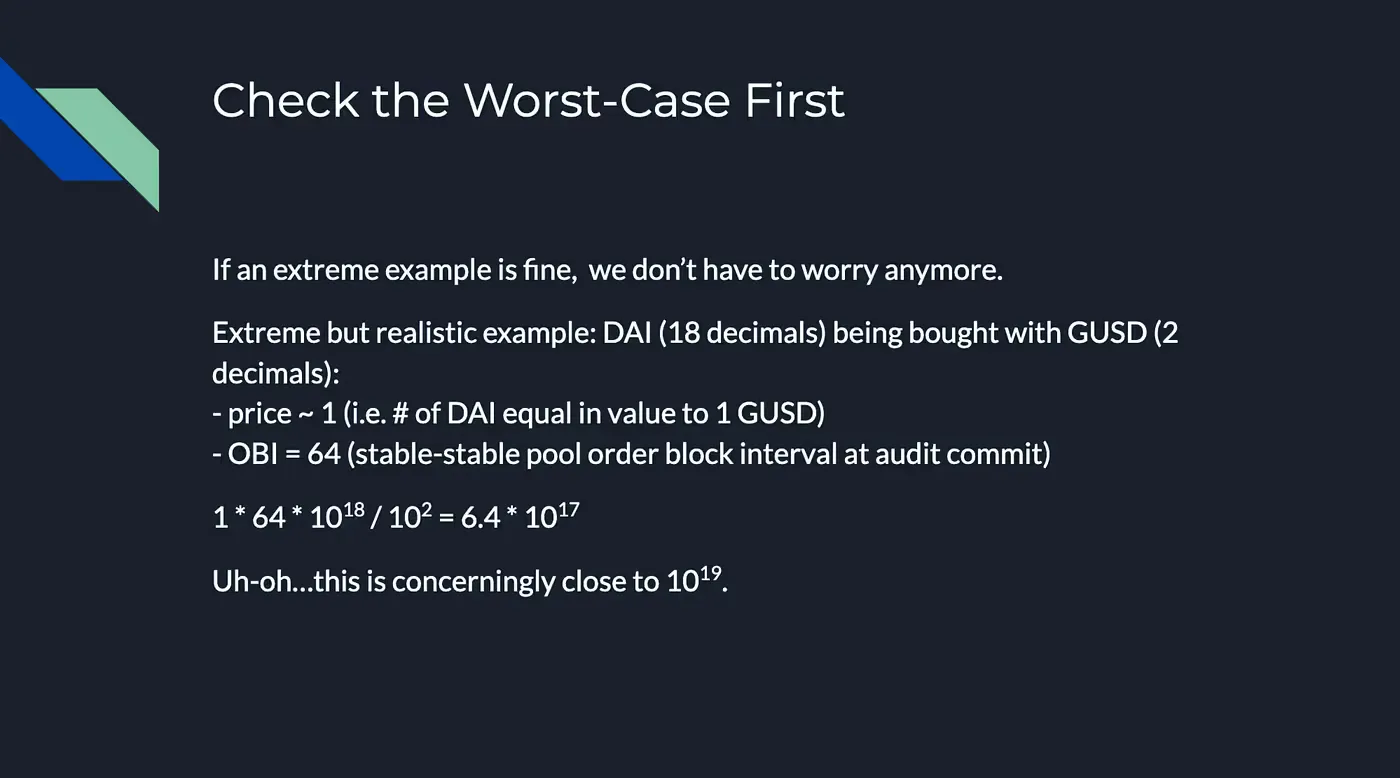 Slide showing worst-case overflow scenario with DAI and GUSD decimals approaching 10¹⁹ during TWAMM audit calculations.