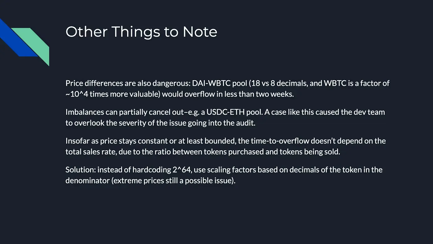 Slide explaining overflow risk from token price differences, with DAI-WBTC example and scaling fix using token decimals.