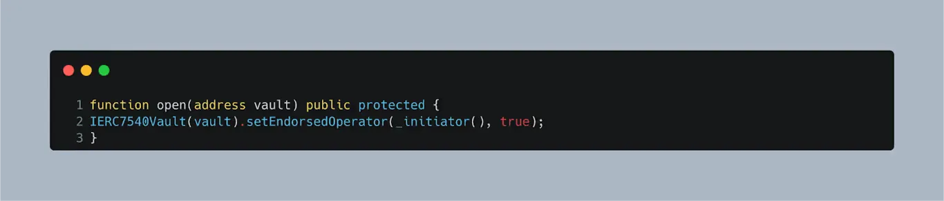 Code snippet showing Centrifuge’s open() function missing ownership check before setting endorsed operator on a vault.