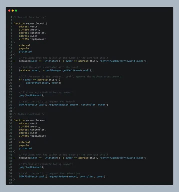 Updated Centrifuge router code showing ownership verification in requestDeposit() and requestRedeem() functions.