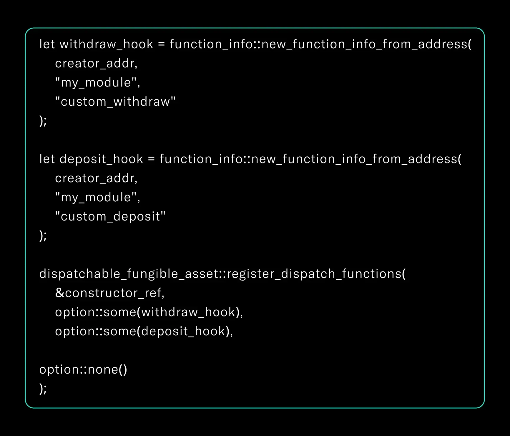 Diagram of Aptos register_dispatch_functions API overriding core token behavior via hooks.