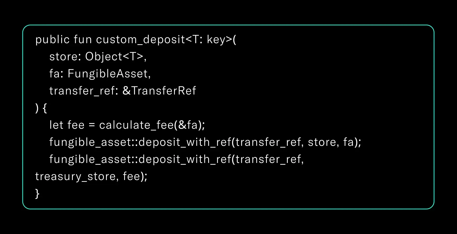 Code example of an Aptos deposit hook implementing a custom fee on token transfers